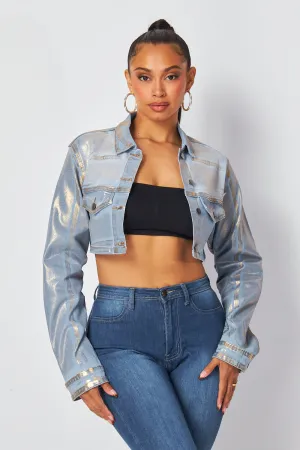 Arlene Metallic Gold Crop Denim Jean Jacket