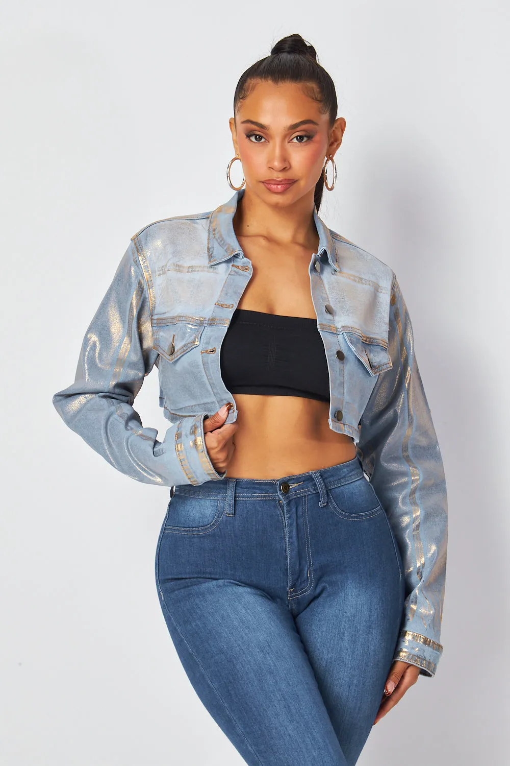 Arlene Metallic Gold Crop Denim Jean Jacket