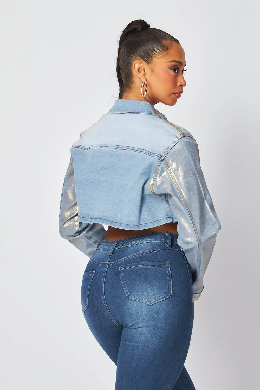 Arlene Metallic Gold Crop Denim Jean Jacket
