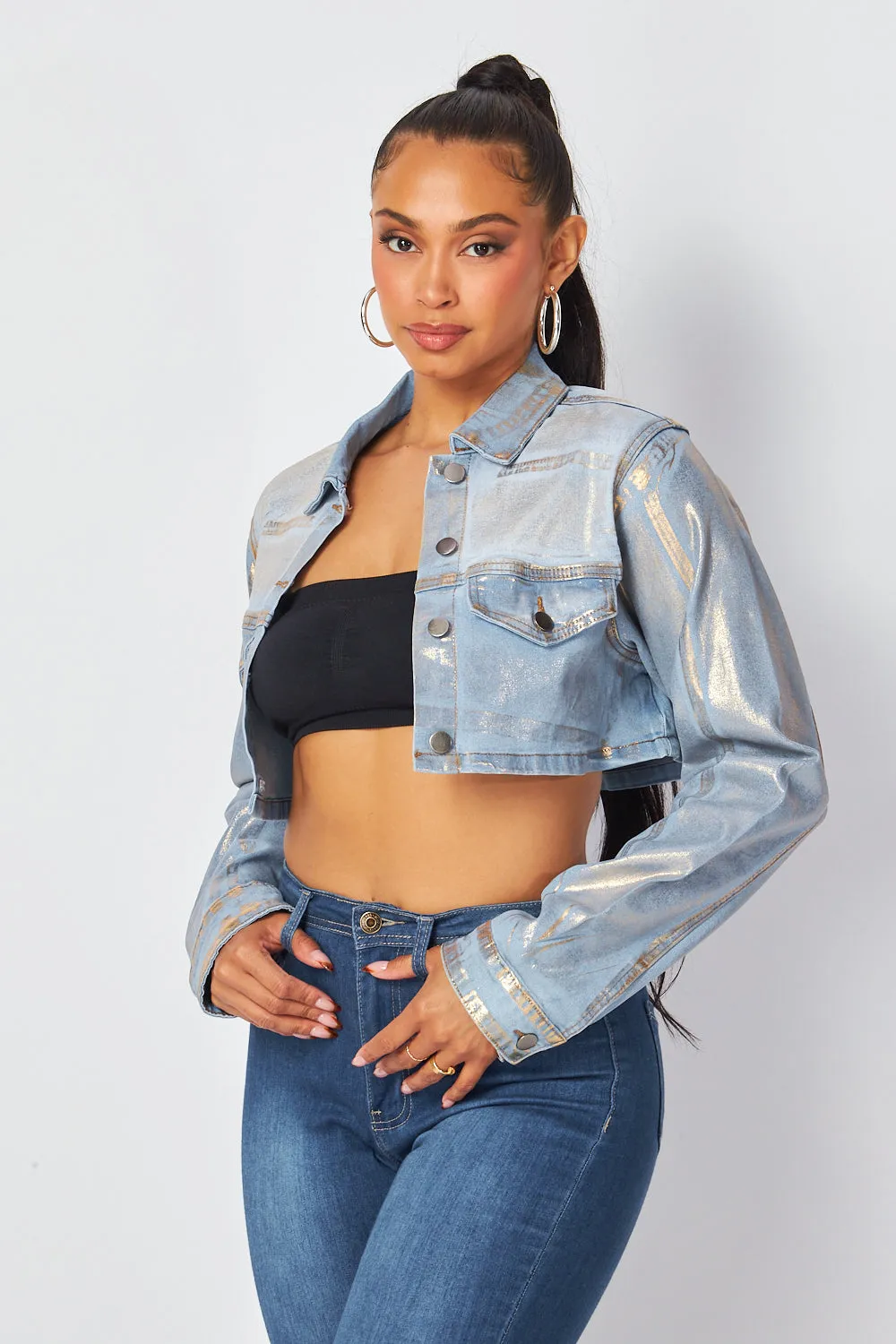 Arlene Metallic Gold Crop Denim Jean Jacket