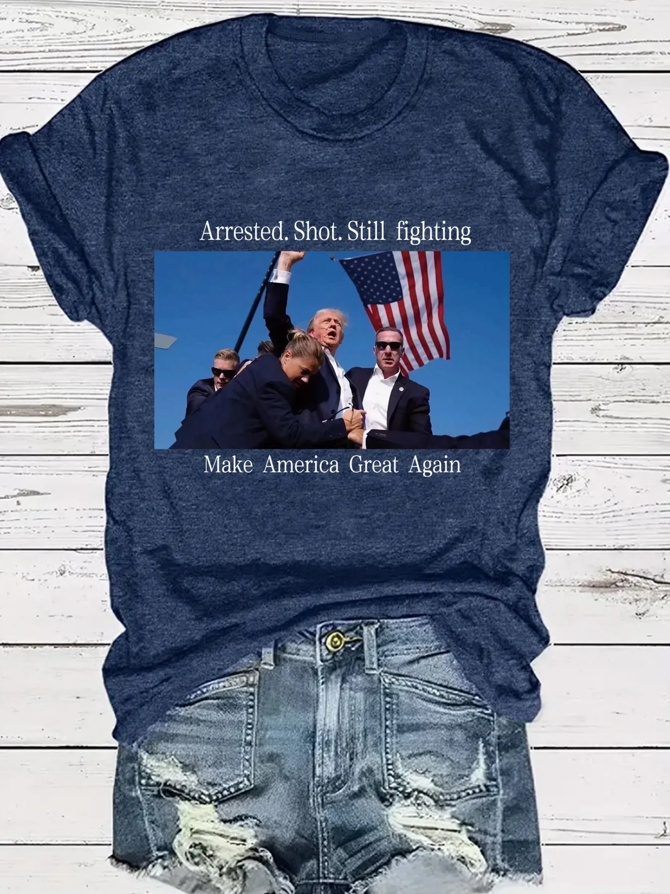 Arrested Shot Still Fighting Graphic T-Shirt Patriotic Trump Design