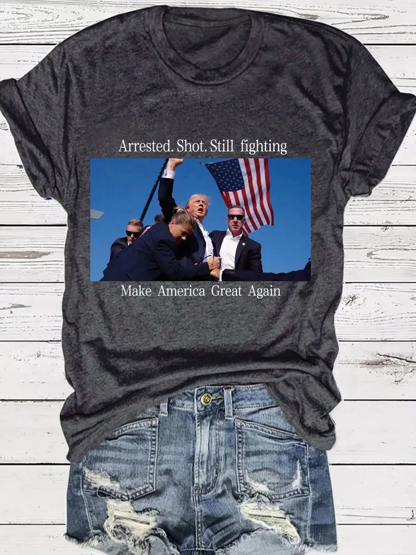 Arrested Shot Still Fighting Graphic T-Shirt Patriotic Trump Design