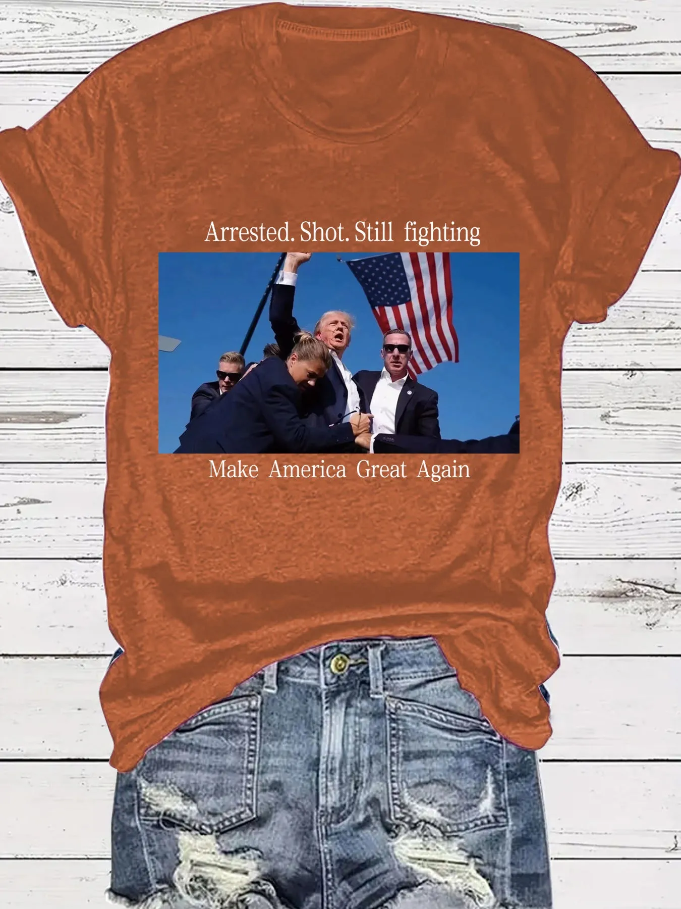 Arrested Shot Still Fighting Graphic T-Shirt Patriotic Trump Design
