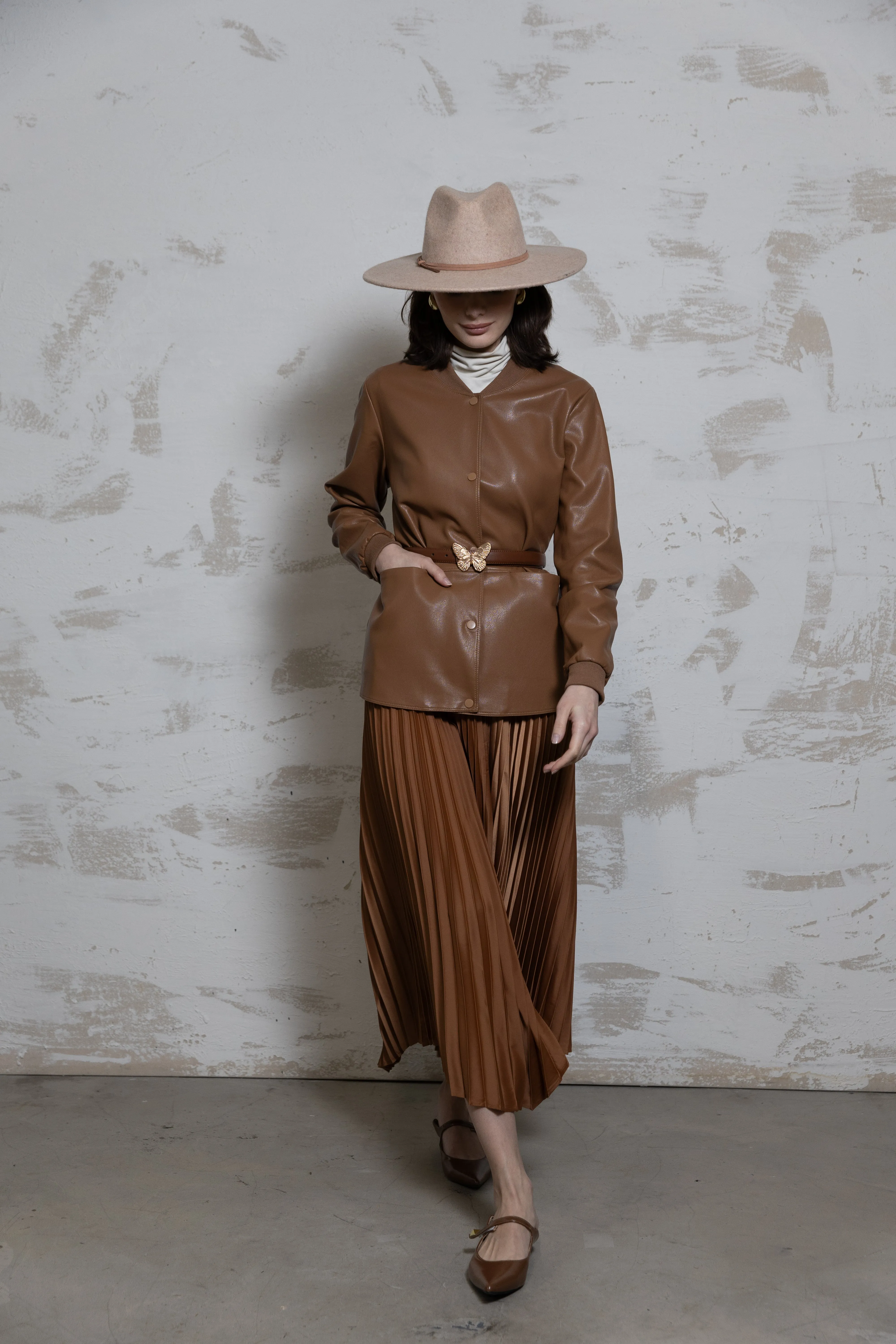 Arrow Pleated Skirt - Copper Matte Finish Stretchy