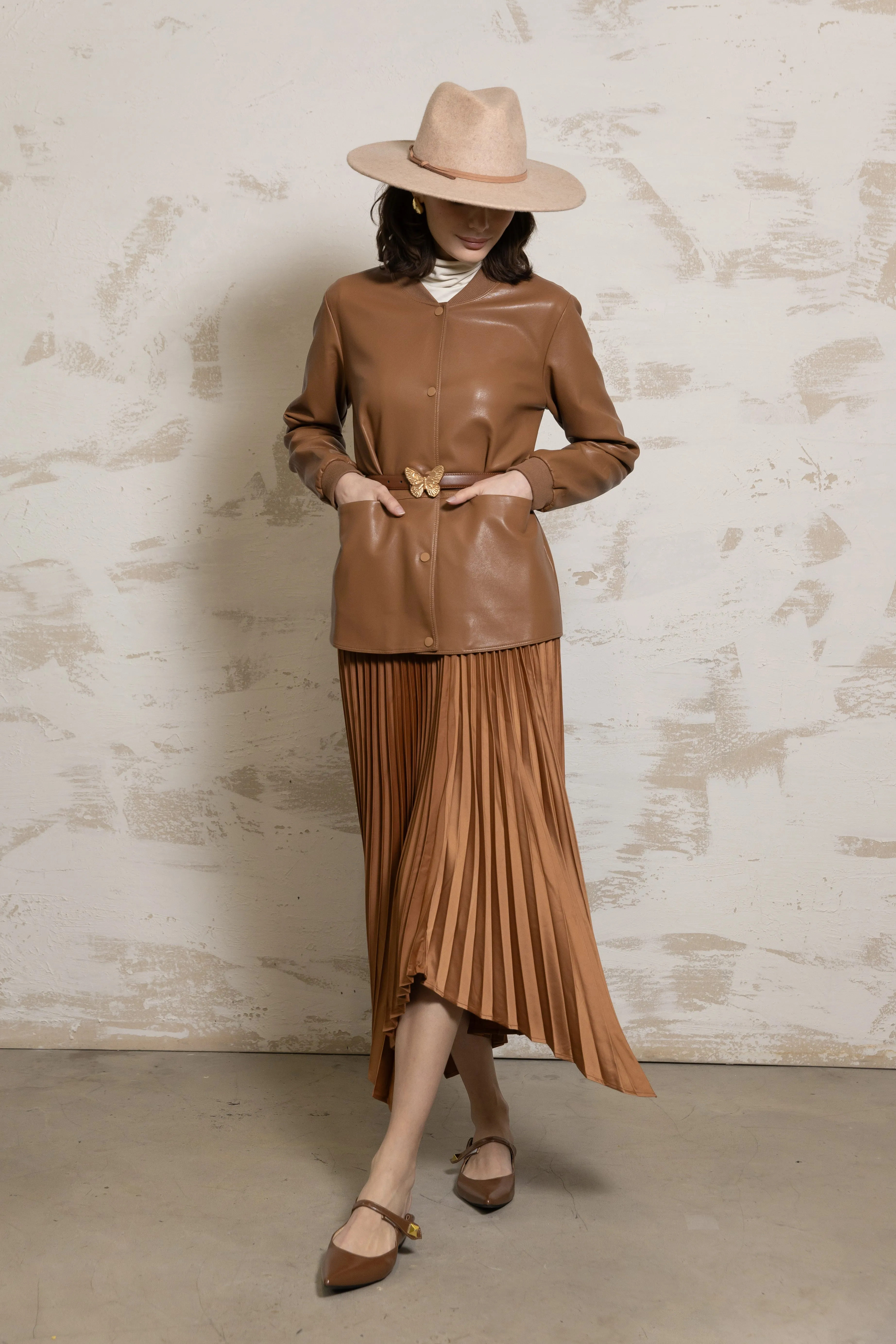 Arrow Pleated Skirt - Copper Simple Outfit Non Slip Waist