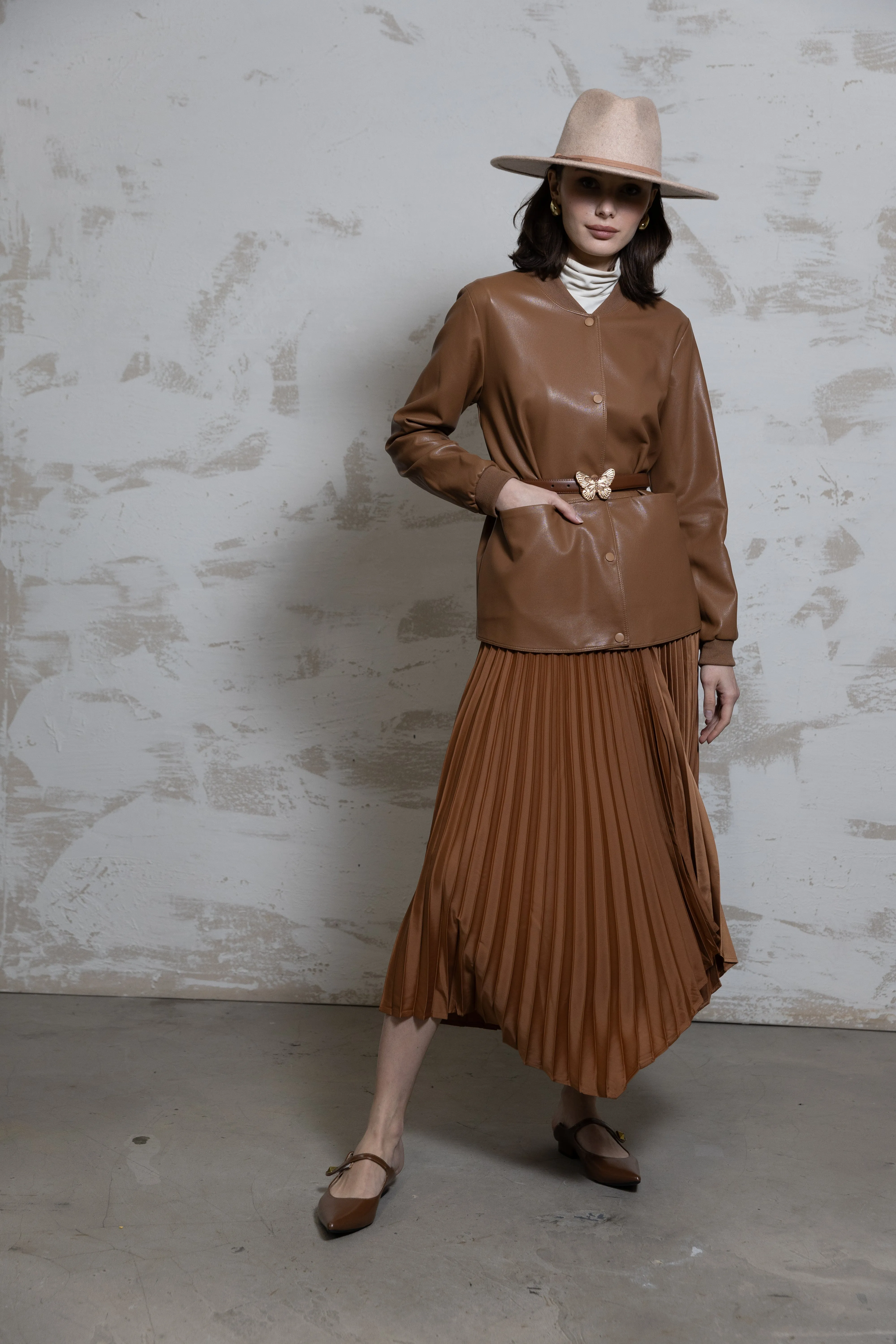 Arrow Pleated Skirt - Copper Stretchable Waist Affordable Fashion