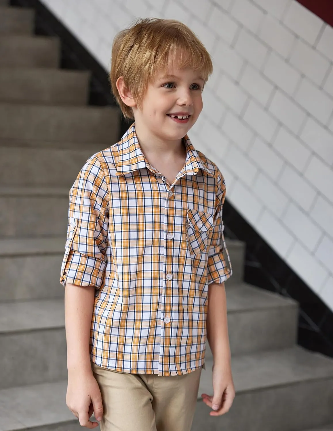 Arshiner Boy's Plaid Button Down Shirt Long Sleeve Roll Up Shirts