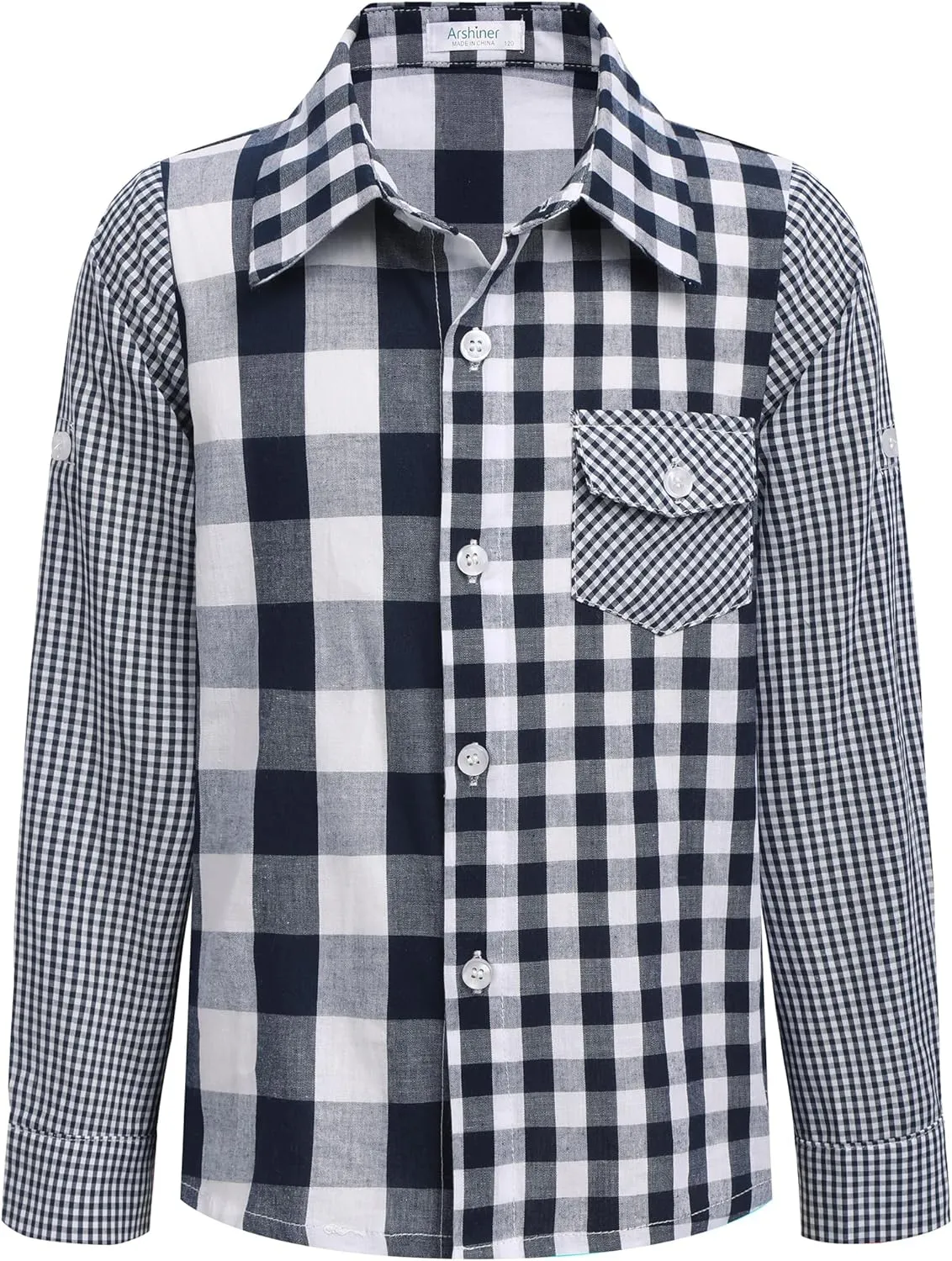 Arshiner Boy's Plaid Button Down Shirt Long Sleeve Roll Up Shirts