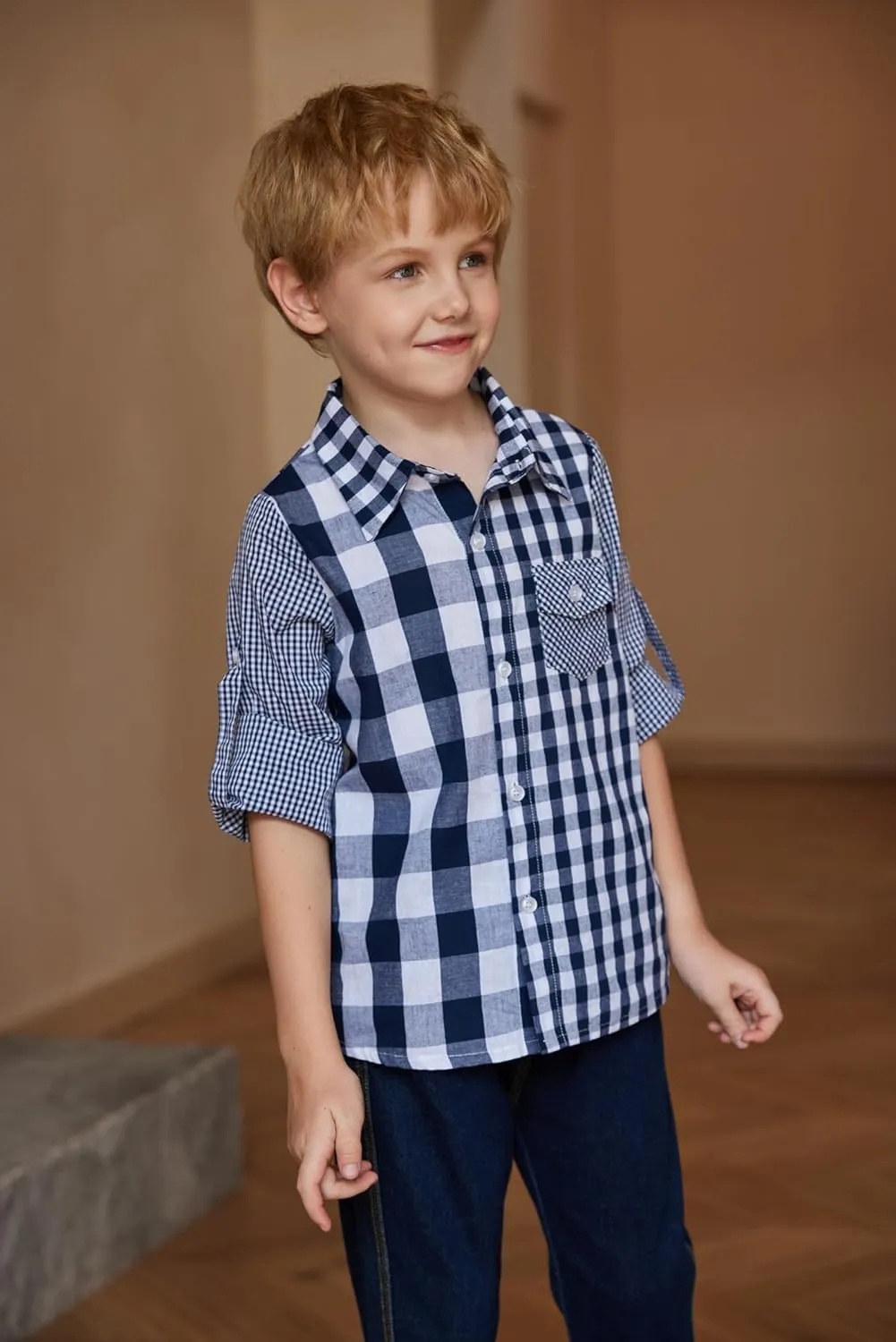 Arshiner Boy's Plaid Button Down Shirt Long Sleeve Roll Up Shirts