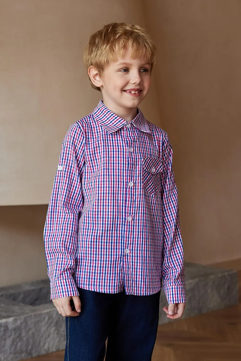 Arshiner Boy's Plaid Button Down Shirt Long Sleeve Roll Up Shirts