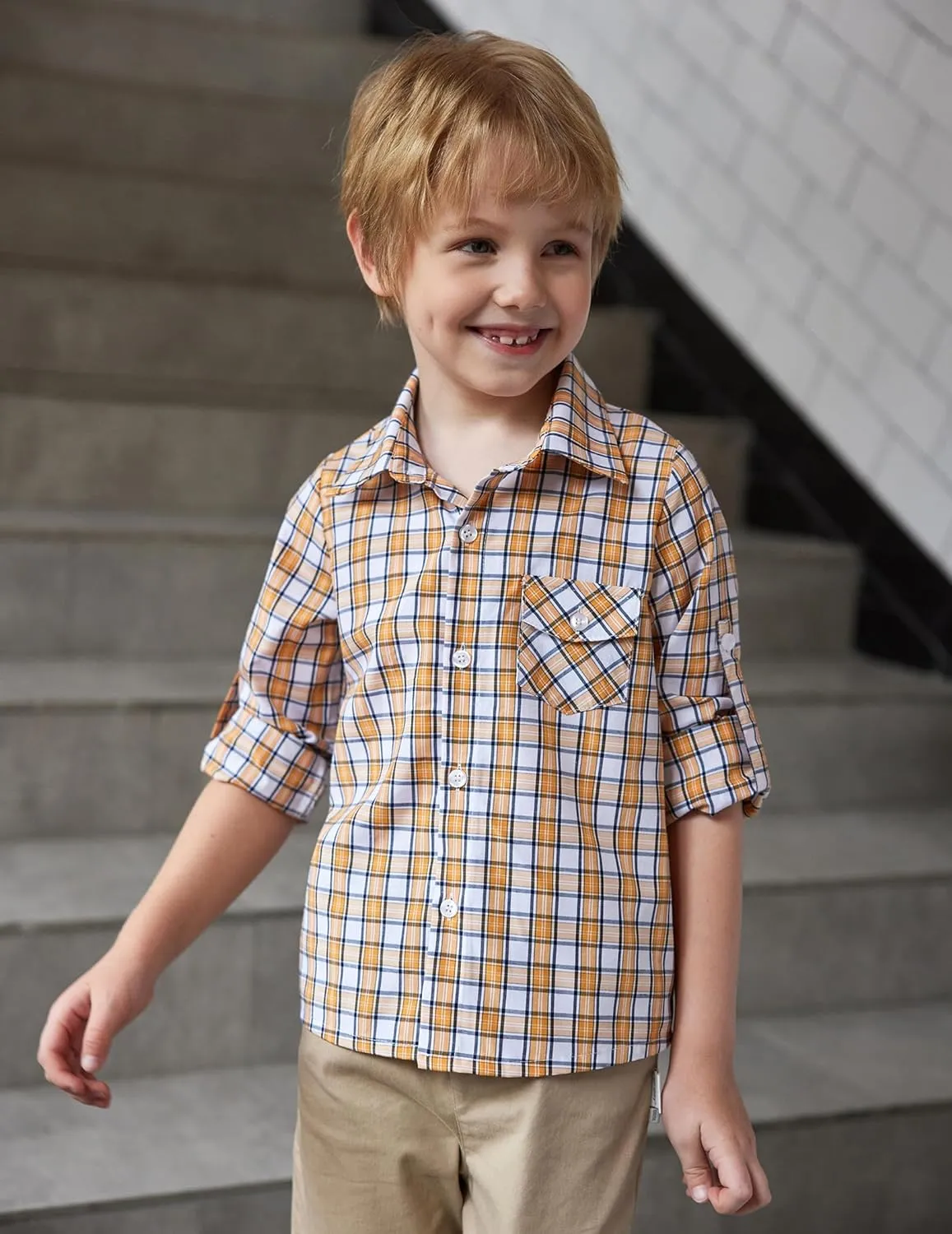 Arshiner Boy's Plaid Button Down Shirt Long Sleeve Roll Up Shirts