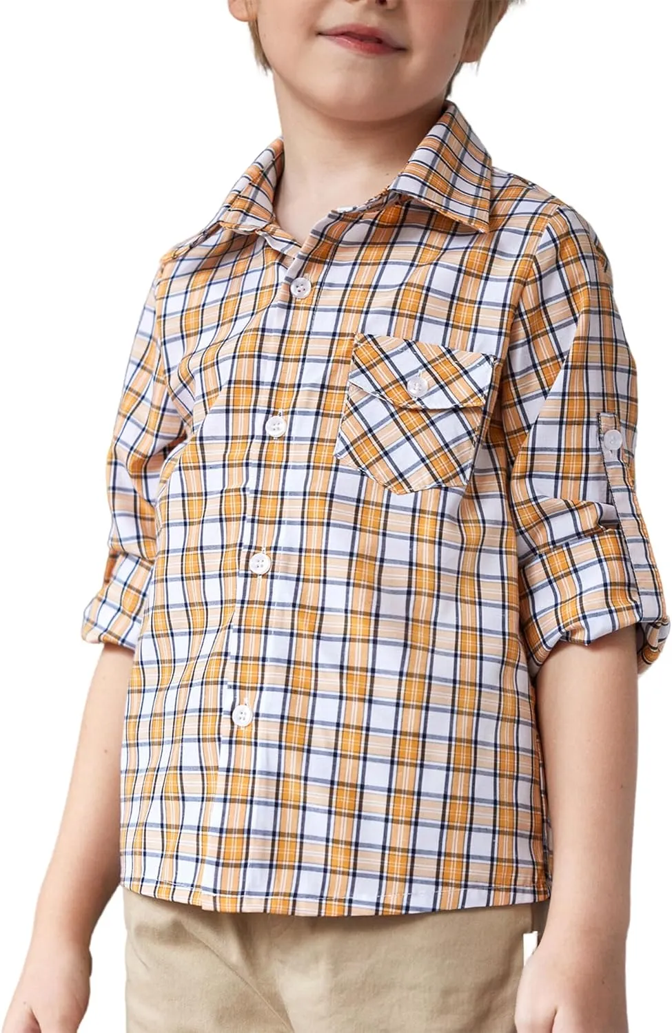 Arshiner Boy's Plaid Button Down Shirt Long Sleeve Roll Up Shirts