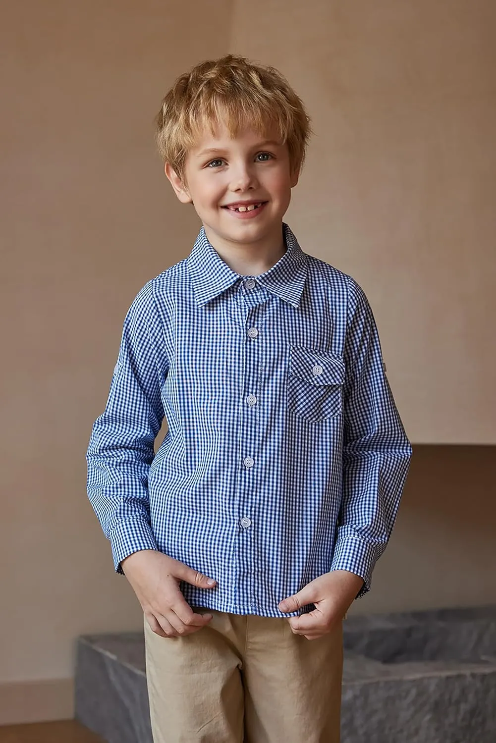 Arshiner Boy's Plaid Button Down Shirt Long Sleeve Roll Up Shirts