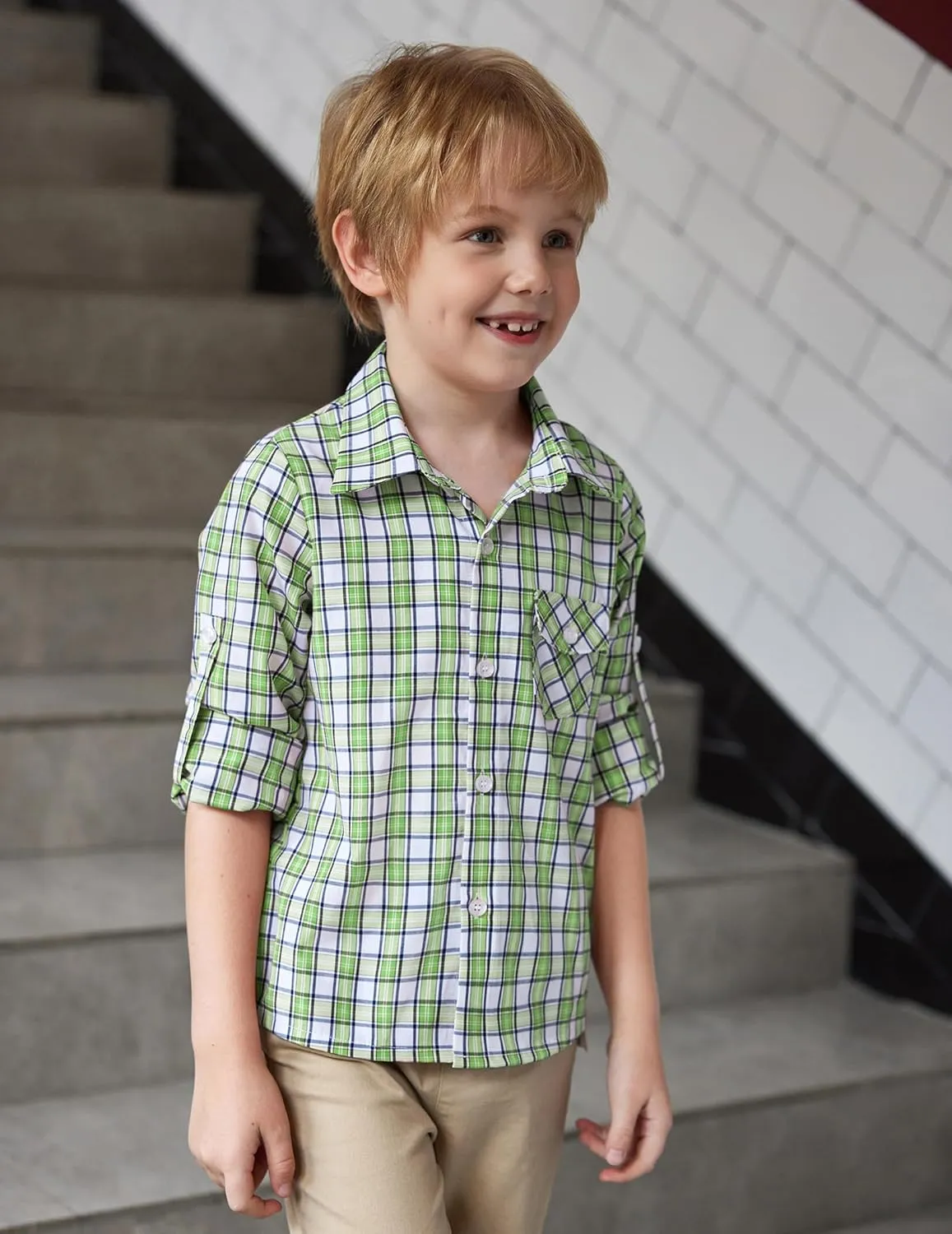 Arshiner Boy's Plaid Button Down Shirt Long Sleeve Roll Up Shirts