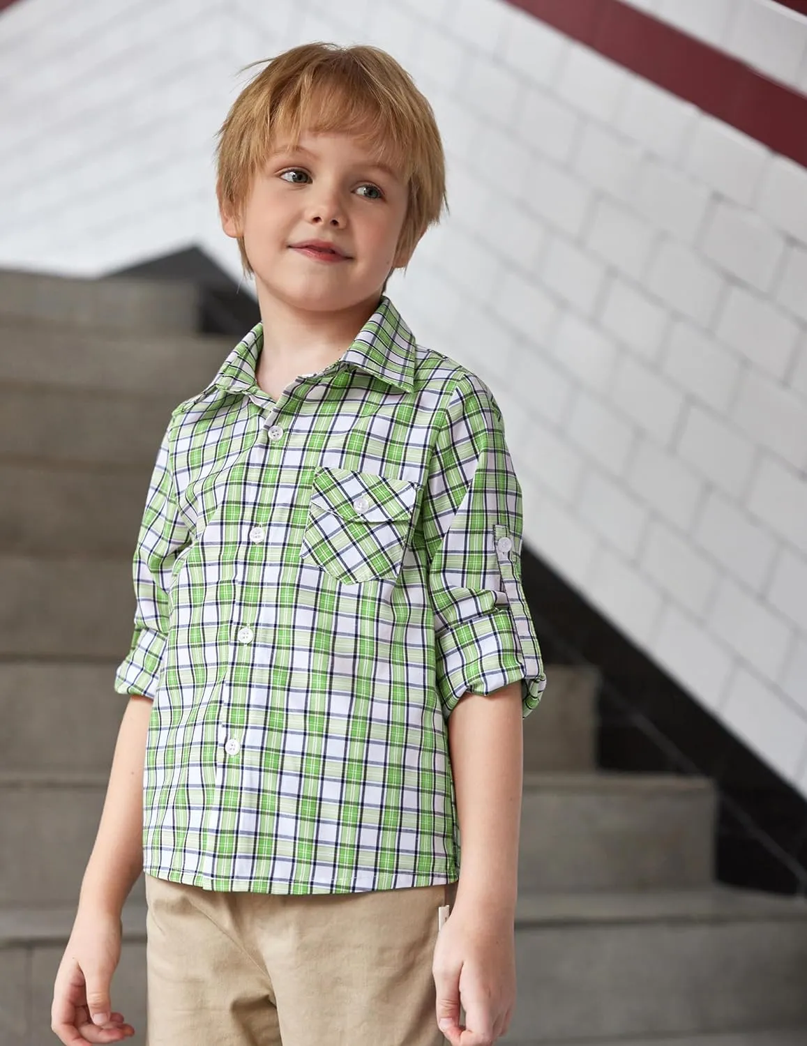 Arshiner Boy's Plaid Button Down Shirt Long Sleeve Roll Up Shirts