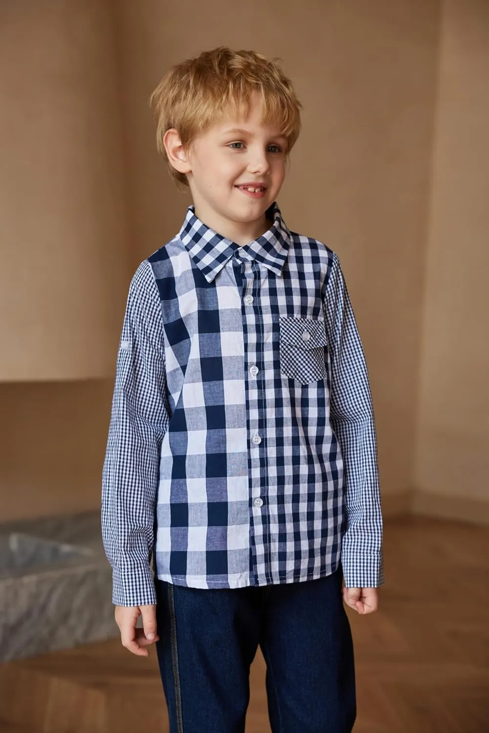 Arshiner Boy's Plaid Button Down Shirt Long Sleeve Roll Up Shirts