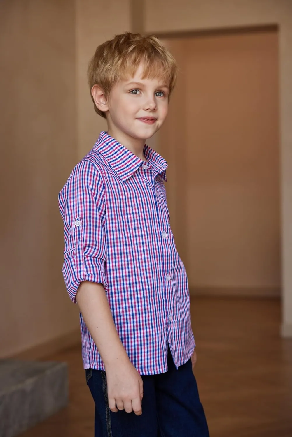 Arshiner Boy's Plaid Button Down Shirt Long Sleeve Roll Up Shirts