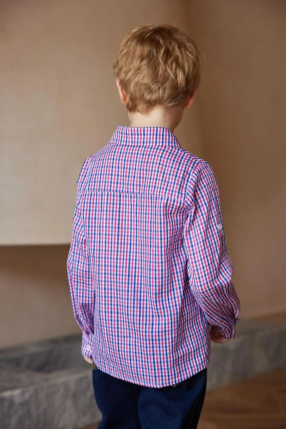 Arshiner Boy's Plaid Button Down Shirt Long Sleeve Roll Up Shirts