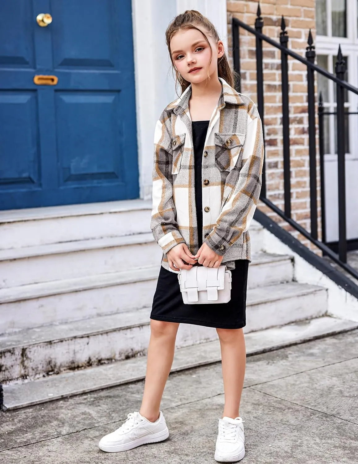 Arshiner Girls Flannel Plaid Jackets Button Down Long Sleeve Shirts