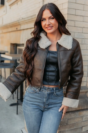 Serves You Right Sherpa Lined Faux Leather Jacket (Brown) Easy Fit Culture