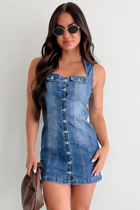 Elegant Fit No Bad Days Denim Button Down Mini Dress (Blue)