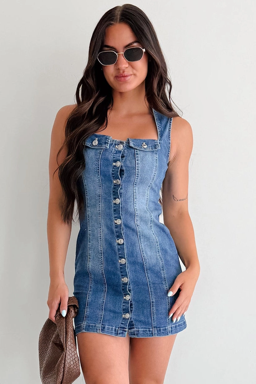 Cinched-Waist Cute Glow No Bad Days Denim Button Down Mini Dress (Blue)