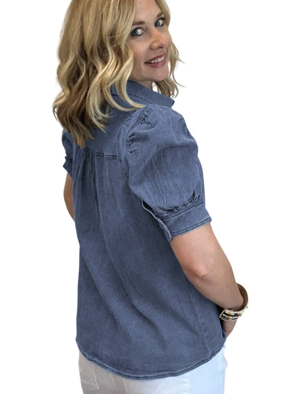 Ashleigh Blue Denim Button-Up Shirt with Puff Sleeves