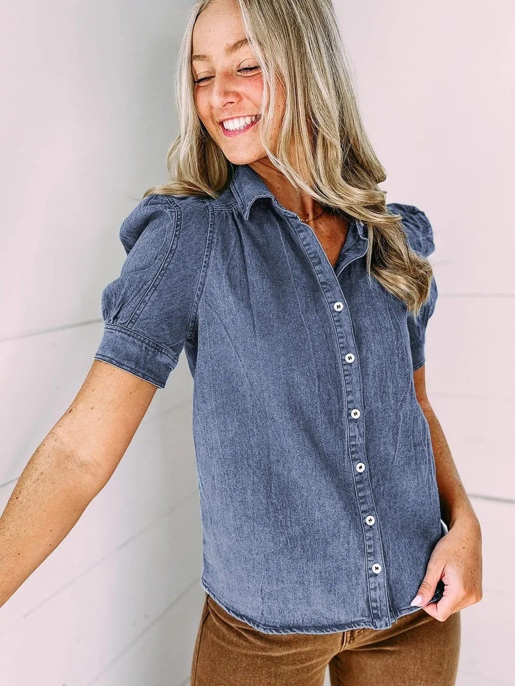 Ashleigh Blue Denim Button-Up Shirt with Puff Sleeves