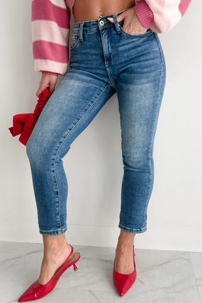 Ashley Mid Rise Tummy Control Special A Slim Boyfriend Jeans (Dark) AntiOdorTreatment Contrast Topstitching Detail