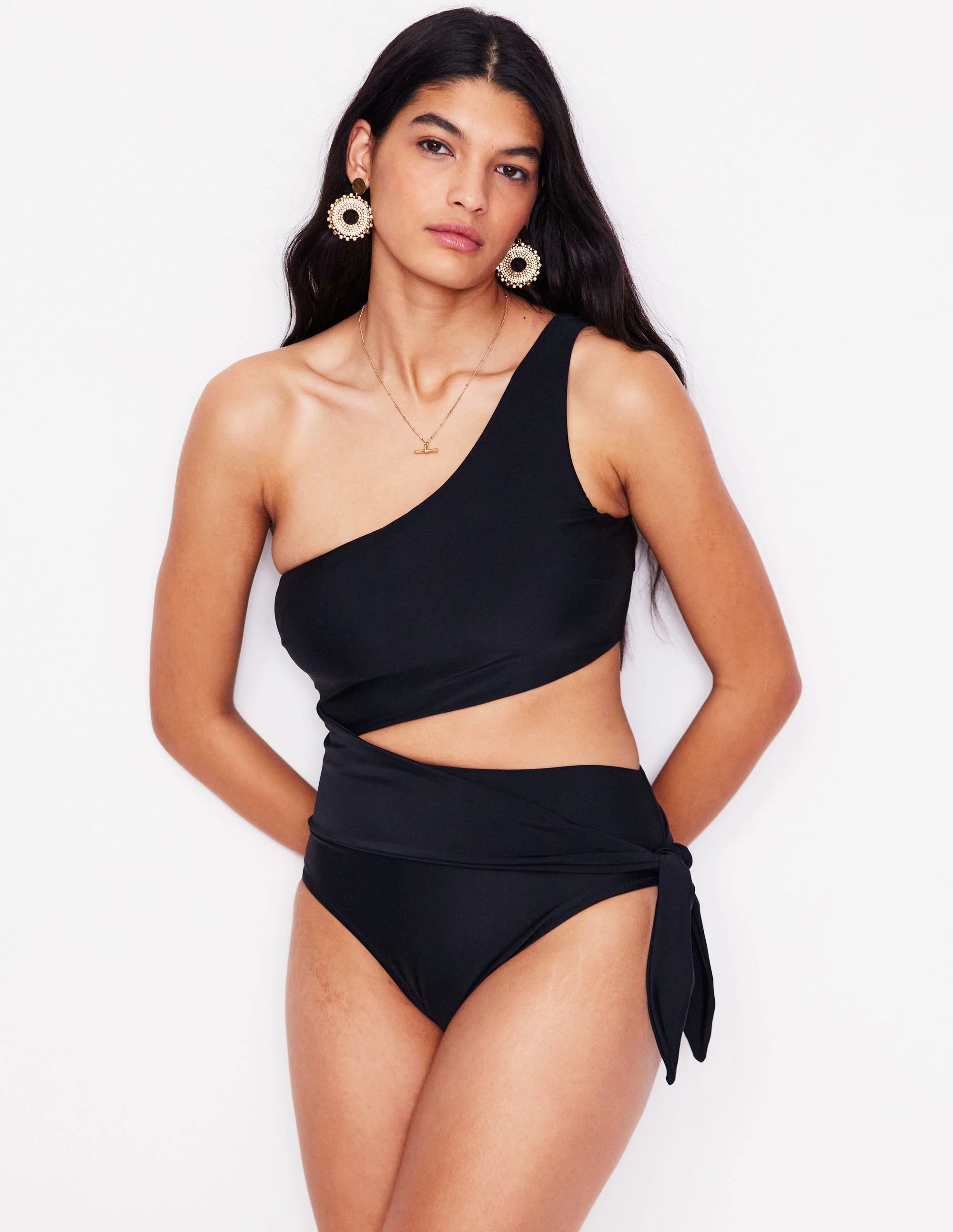 Vacation Fun Asym Cut Tie Swimsuit-Black