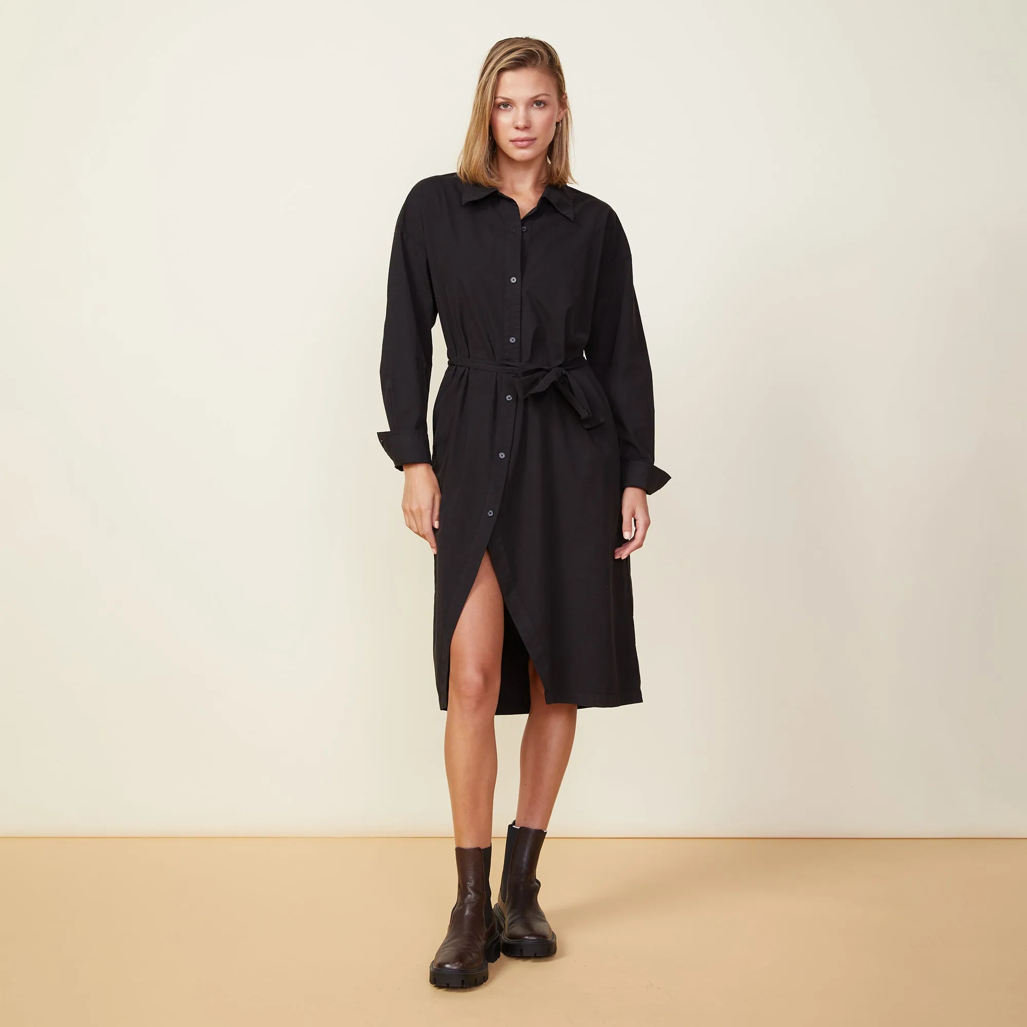 FourWayStretchFabric Asymmetrical Poplin Tie Shirt Dress