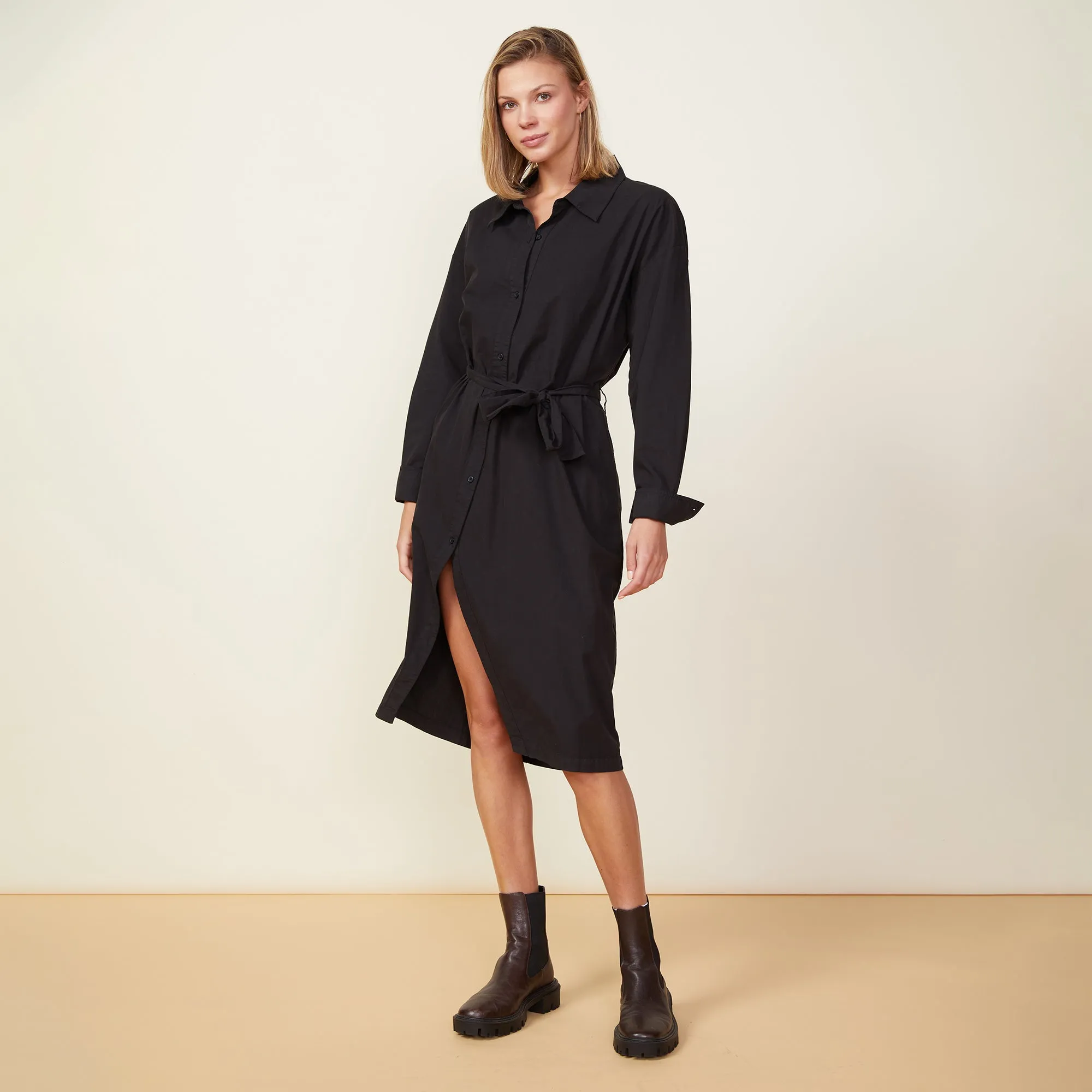 Asymmetrical Poplin Tie Shirt Dress Ventilated Back Panel
