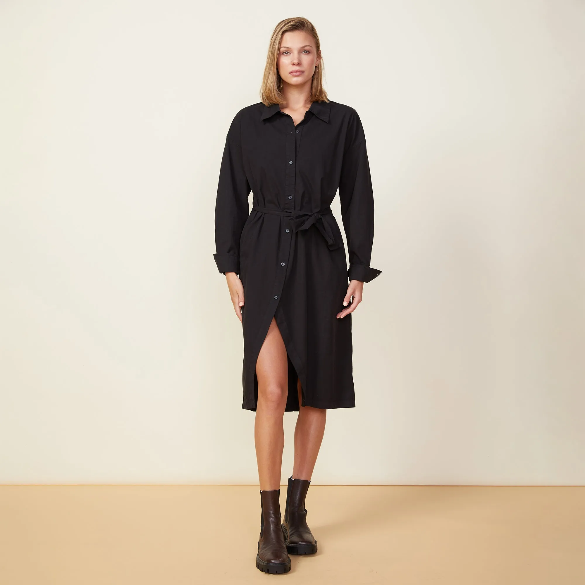 Eco Conscious Dye Process Asymmetrical Poplin Tie Shirt Dress
