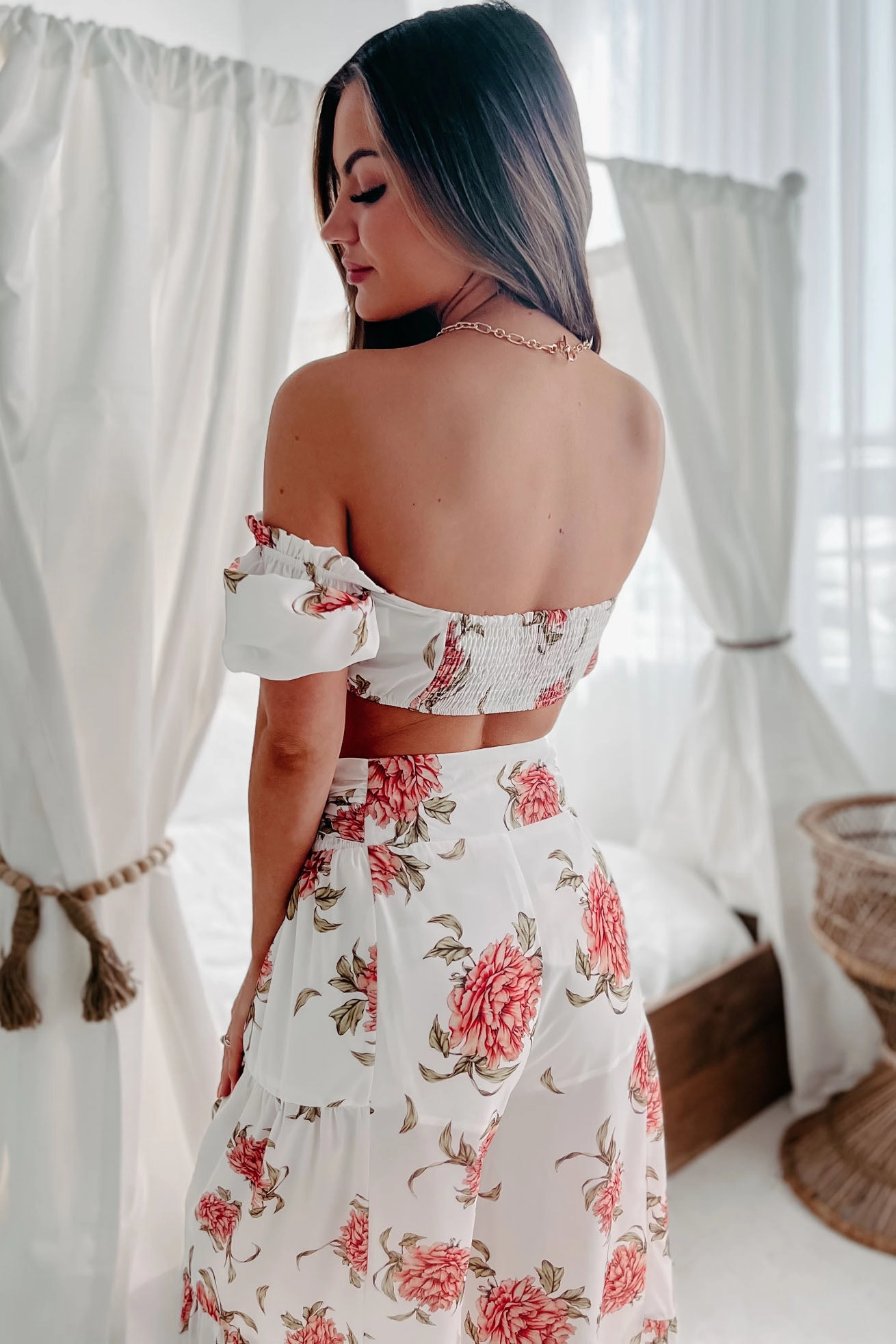 Audrina Floral Crop Top & Wide Leg Pant Two Piece Set (White Coral) Long Sleeve Tee Light material