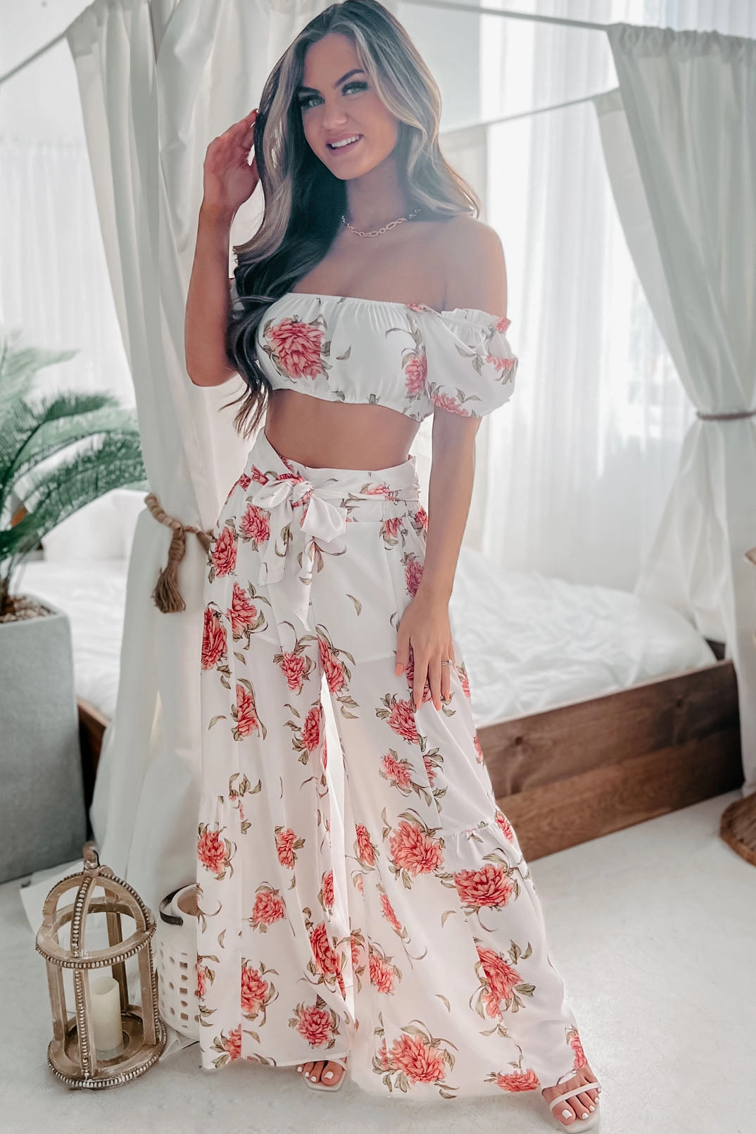 Audrina Floral Crop Top & Wide Leg Pant Two Piece Set (White Coral) AdjustableCuffSystem SoftTouch