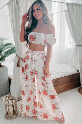 Audrina Floral Crop Top & Wide Leg Pant Two Piece Set (White Coral) AdjustableCuffSystem SoftTouch