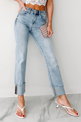 LowMaintenanceMaterial Aurora High Rise Straight Leg Cuffed Risen Jeans (Light)