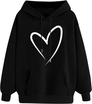 Autumn Fashion Hoodie for Women Heart Printed Long Sleeve Loose Pullover Sweatshirts Stylish Hoodies with Hood