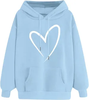 Autumn Fashion Hoodie for Women Heart Printed Long Sleeve Loose Pullover Sweatshirts Stylish Hoodies with Hood