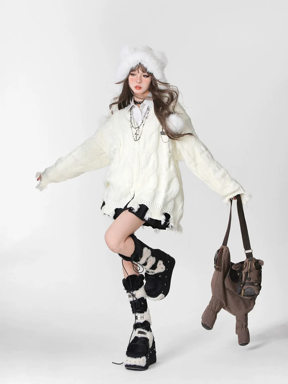 Autumn Winter Twist Knit Sweater V-Neck Knit Cardigan Multicolor