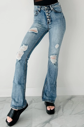 Zero Waste Manufacturing StaticDissipative Aysha High Rise Distressed Indigo Reign Flare Jeans (Medium)