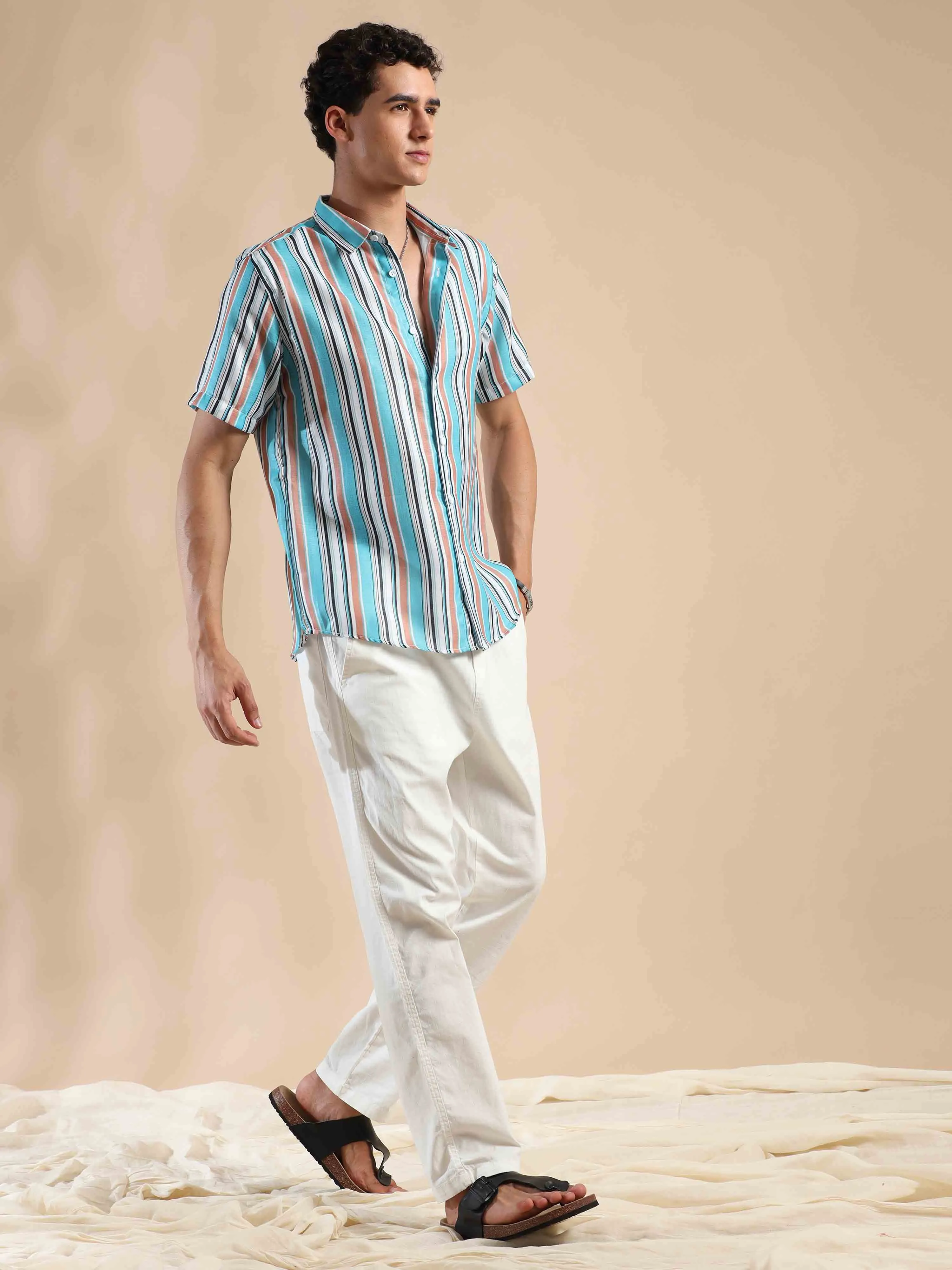 Azure & Peach Oasis Stripes Cotton Shirt