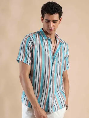 Azure & Peach Oasis Stripes Cotton Shirt