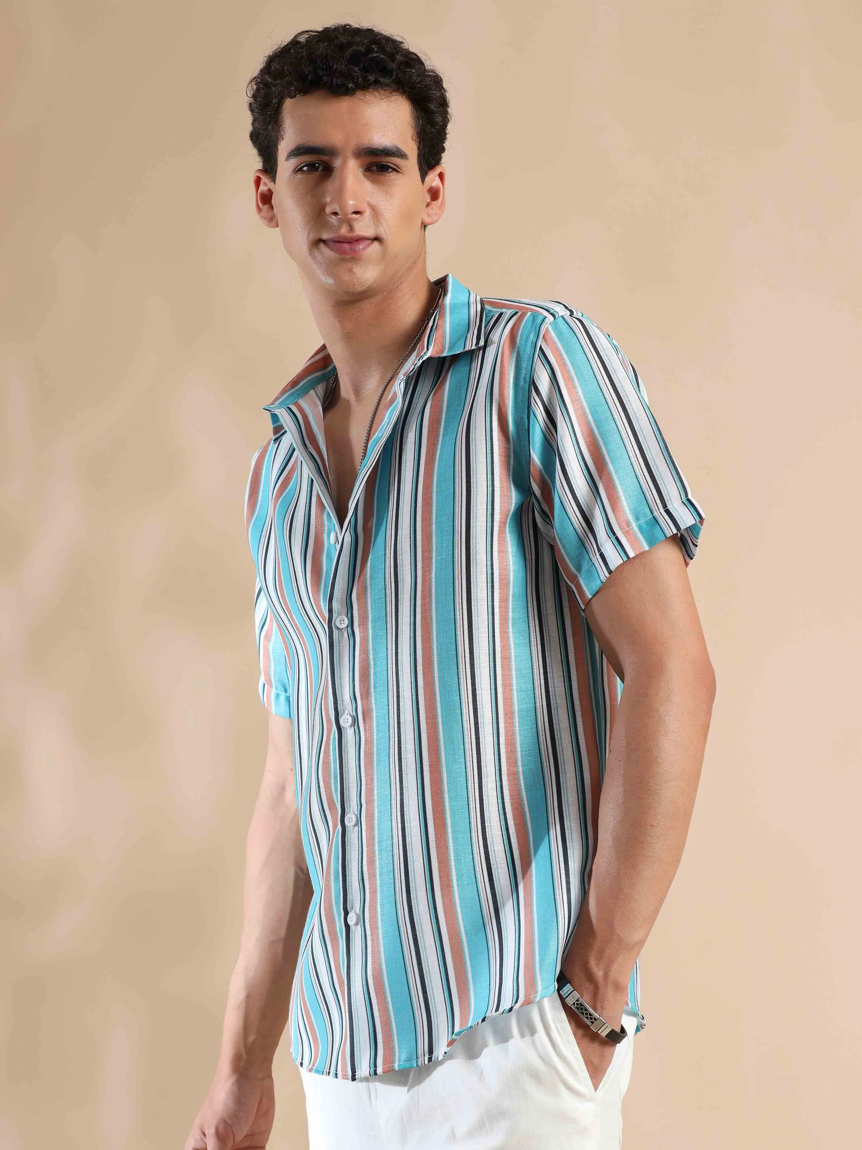 Azure & Peach Oasis Stripes Cotton Shirt