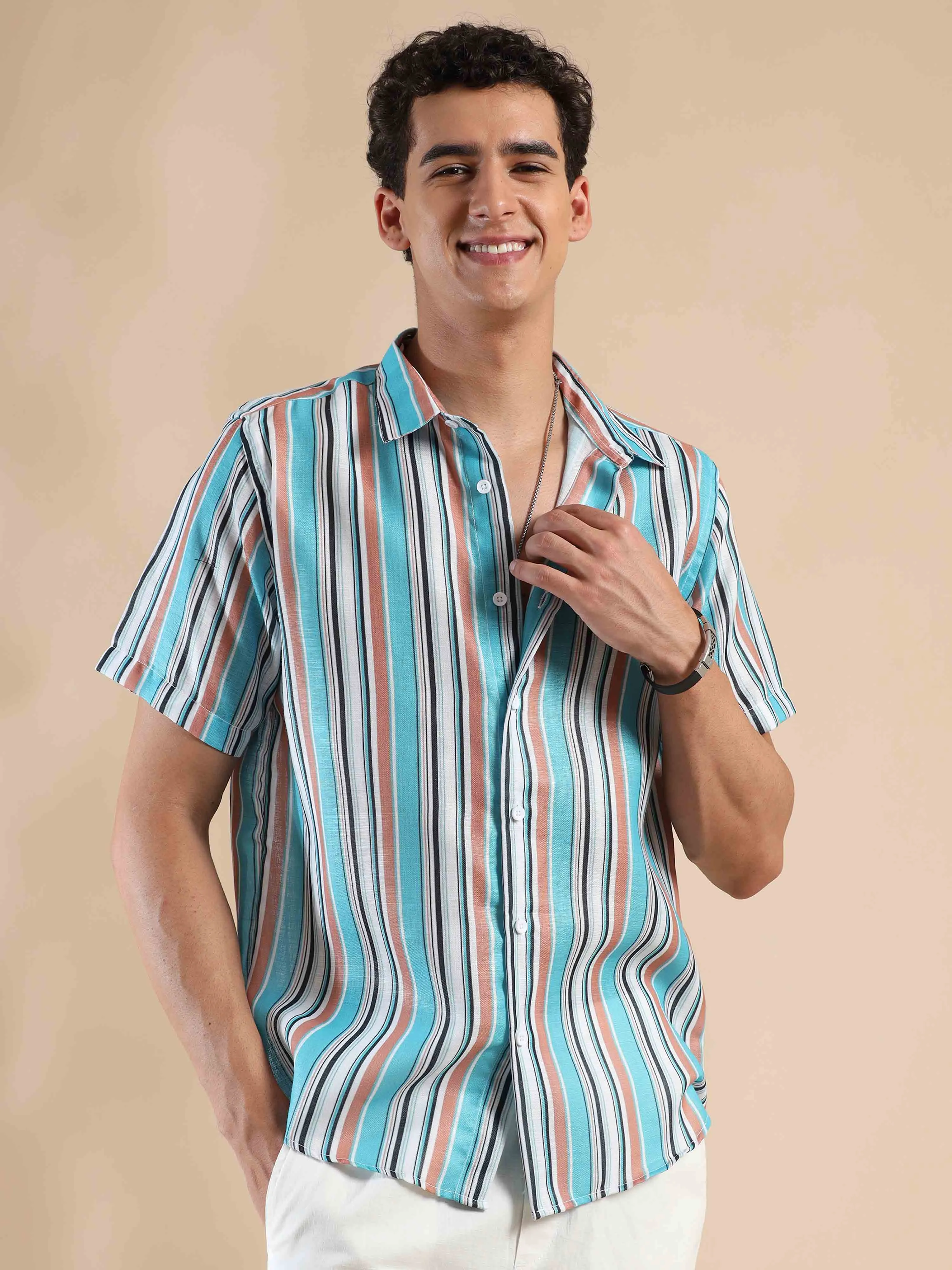 Azure & Peach Oasis Stripes Cotton Shirt