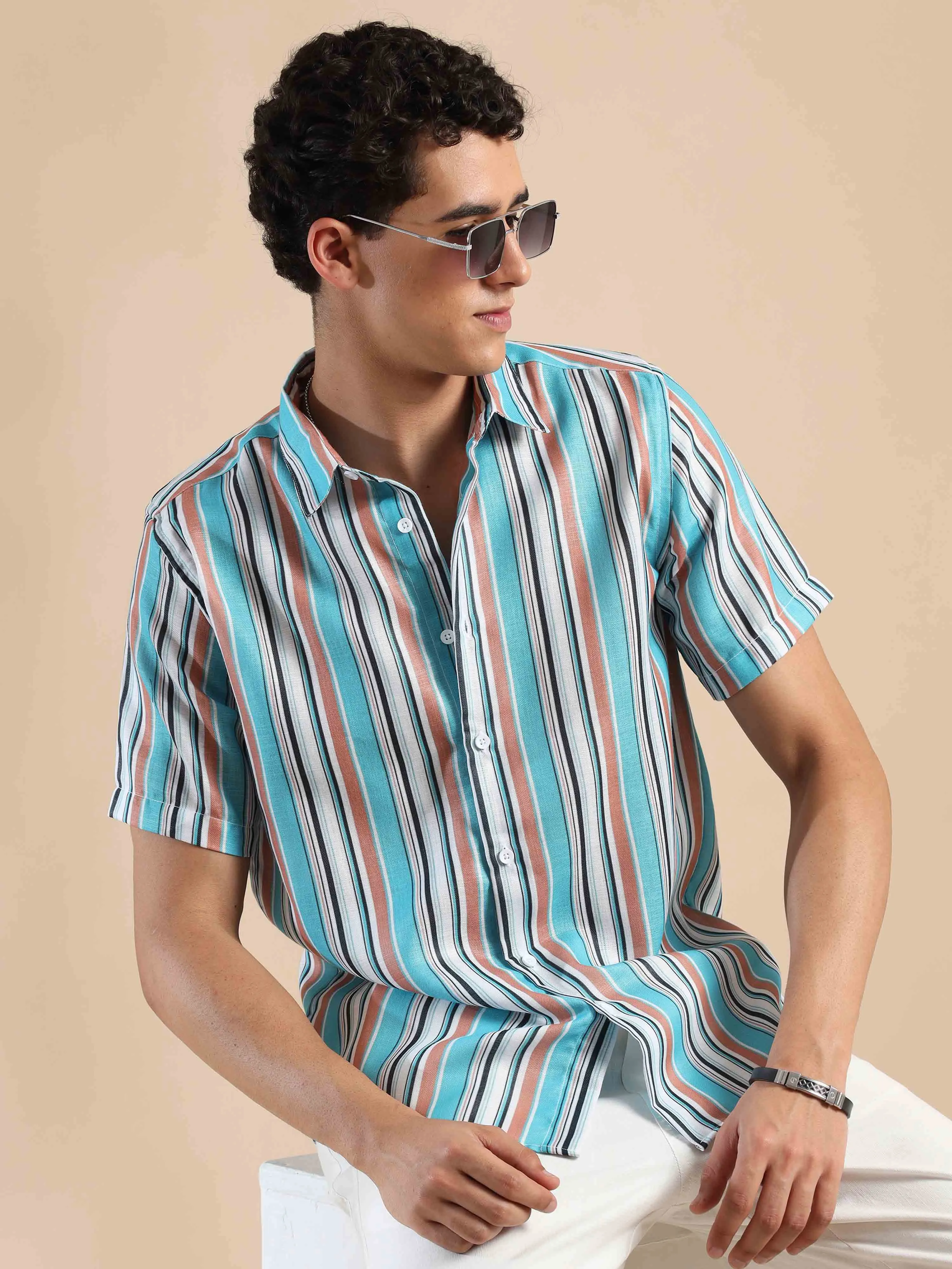 Azure & Peach Oasis Stripes Cotton Shirt