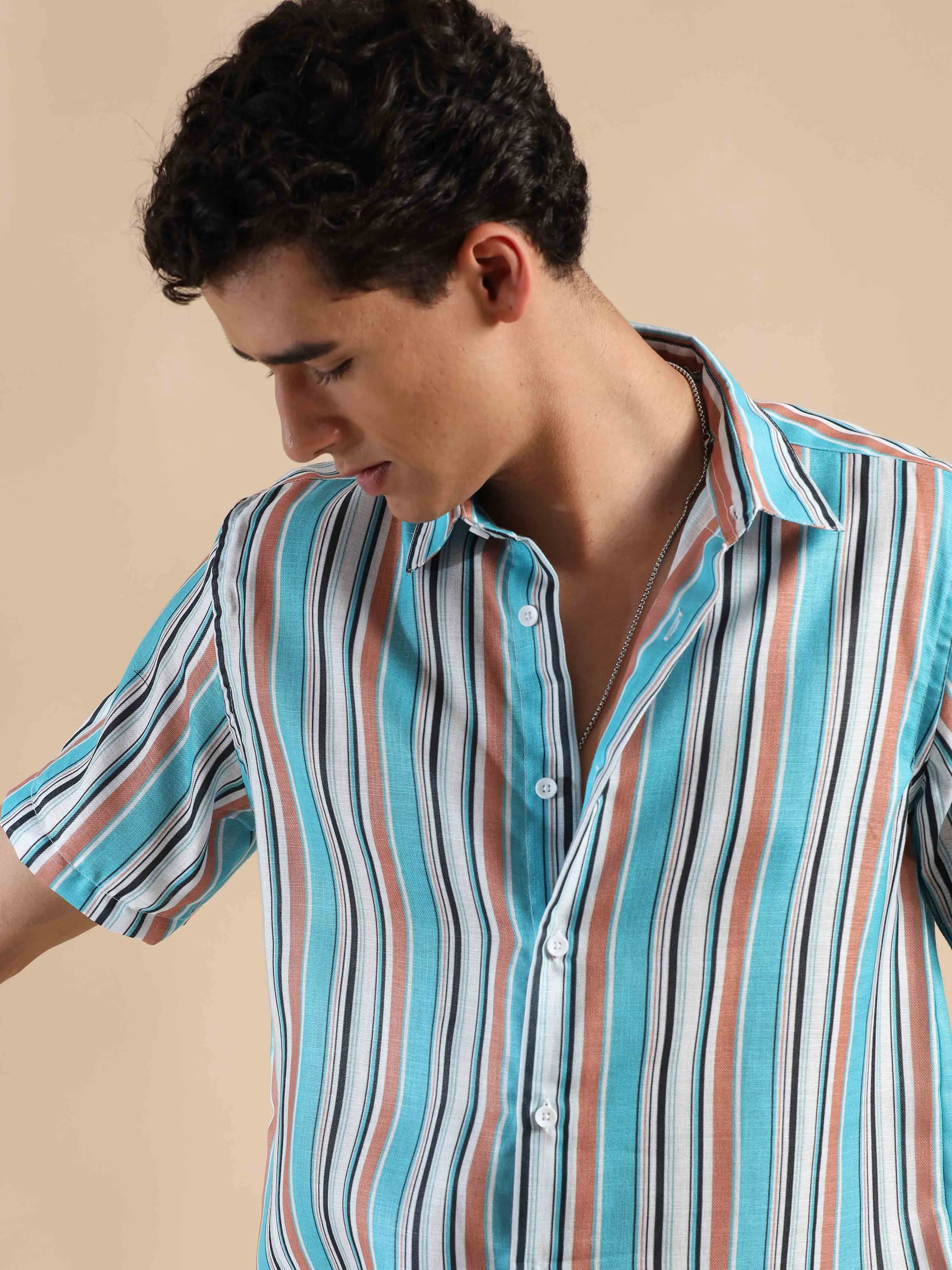 Azure & Peach Oasis Stripes Cotton Shirt