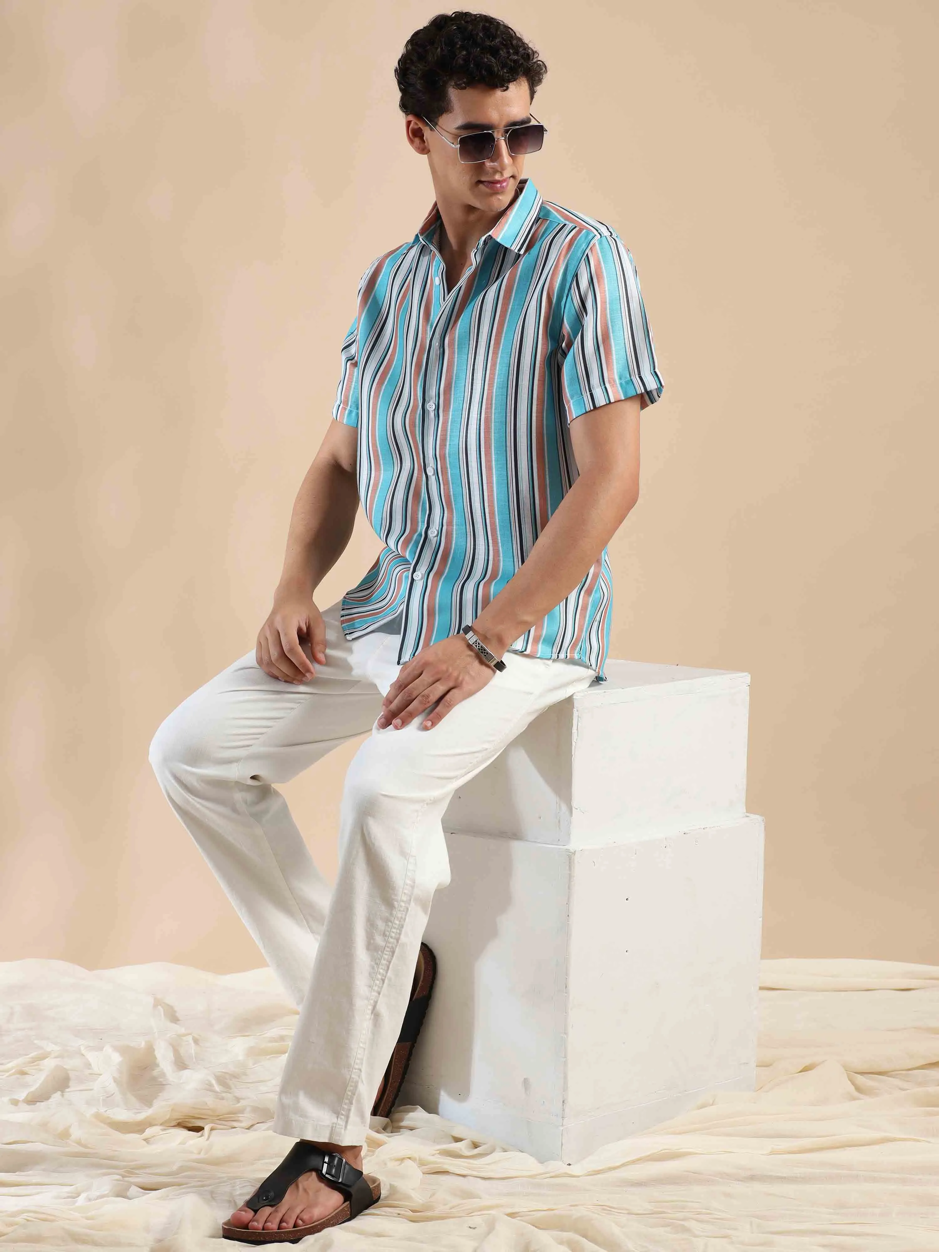 Azure & Peach Oasis Stripes Cotton Shirt
