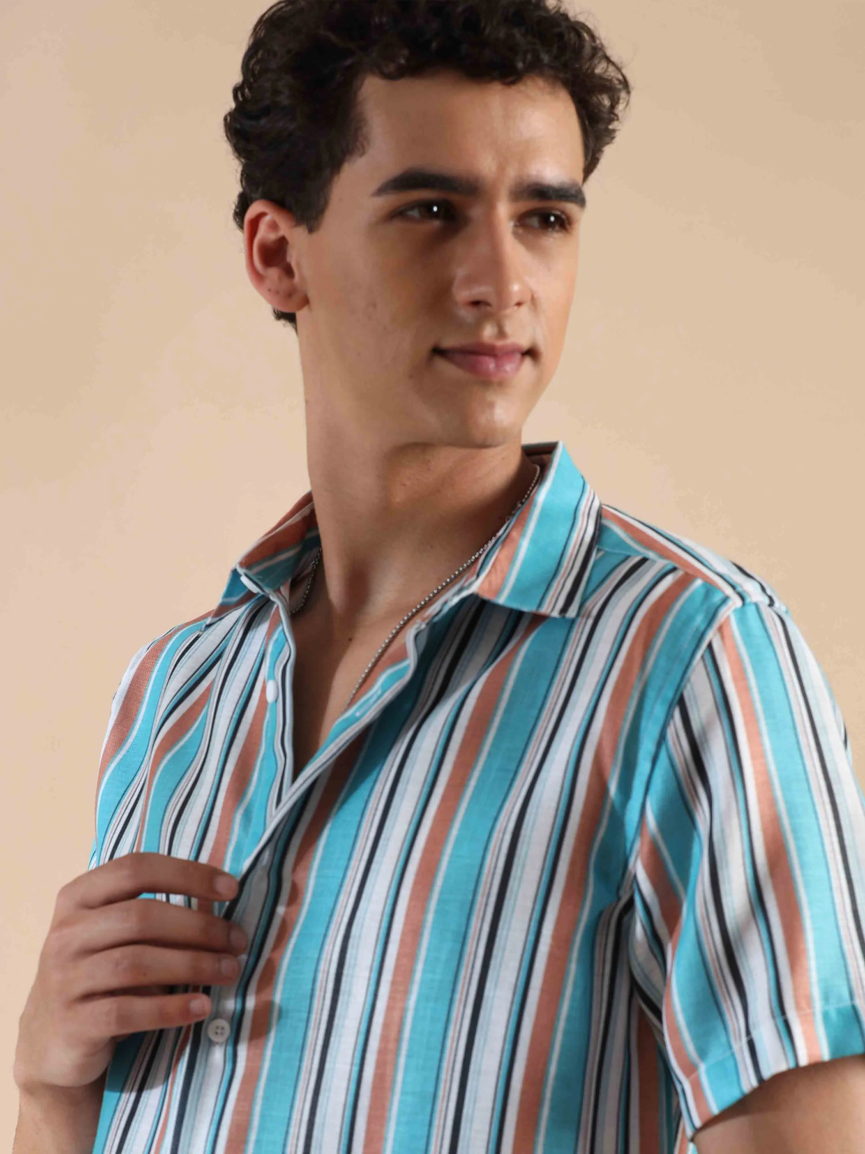 Azure & Peach Oasis Stripes Cotton Shirt