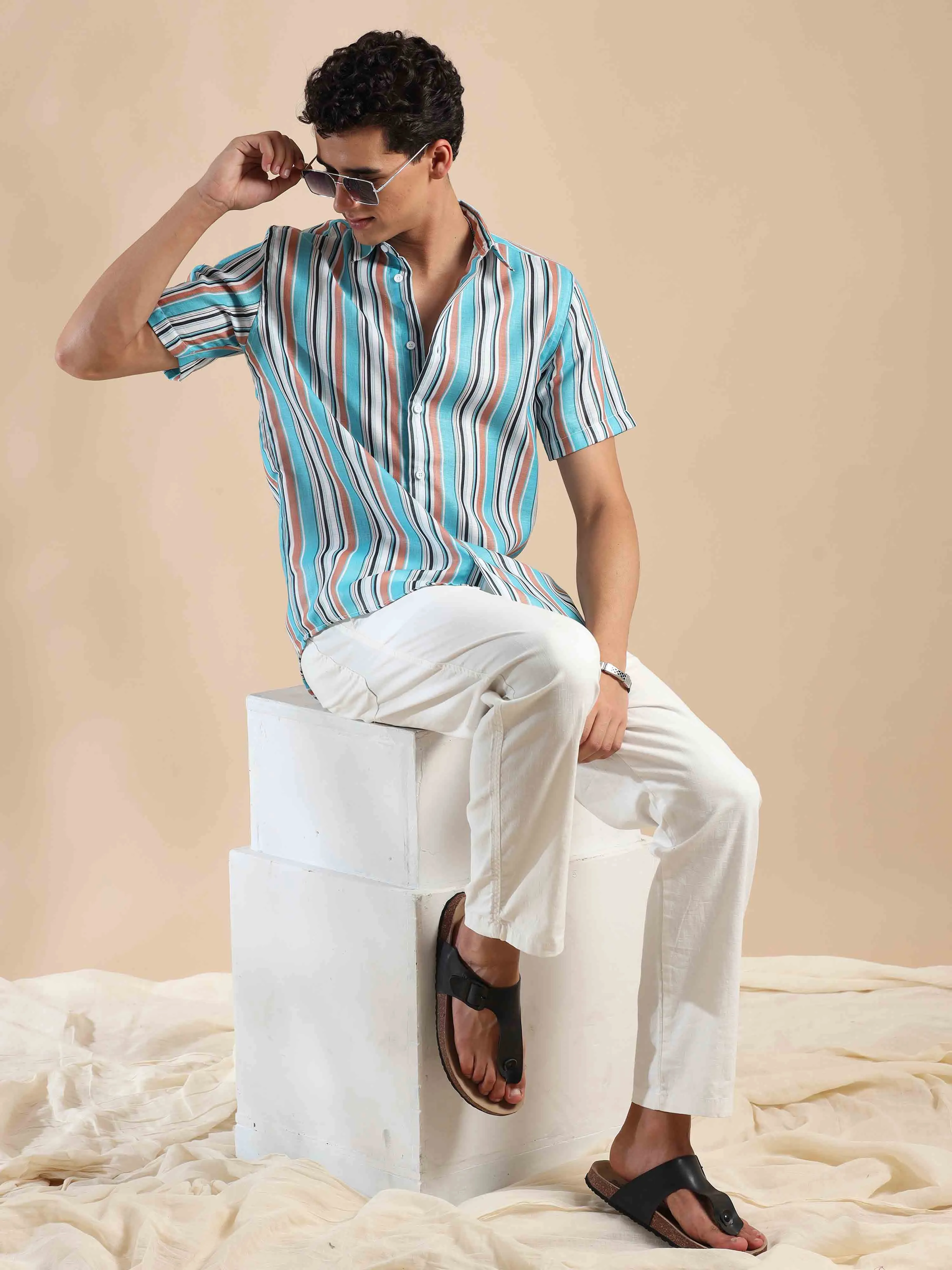 Azure & Peach Oasis Stripes Cotton Shirt
